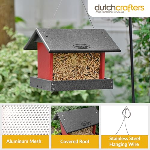 Poly Hanging Hopper Bird Feeder, Large Bird Feeder for Outside, Outdoors - Amish American Made (Hanging, Black & Red) - color: Black & Red, style: Hanging