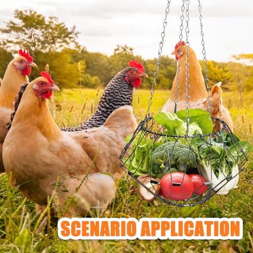 2 Pack Hanging Chicken Feeder Accessories,9.25IN Large Foldable Chicken Vegetable Treat Holder Basket,Sturdy Hanging Poultry Feeder Cabbage Bowl Sack with 4Pcs 20inches Hanging Chain for Chicken Coop - size: Large-2Pack