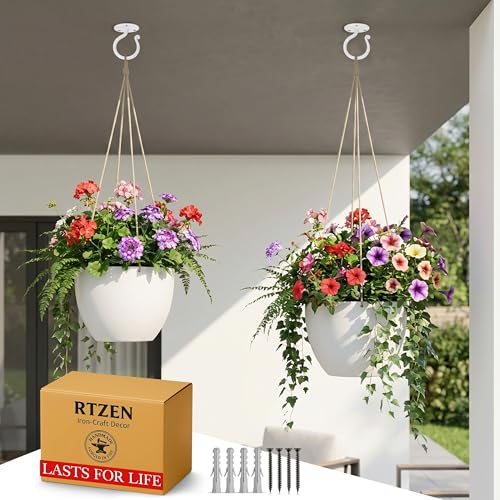 Plant Hangers Outdoor or Indoor Heavy Duty Wall Bracket Hooks | Wrought Iron Metal Hanger Indoor Hook for Hanging Plants Baskets Lanterns Bird Feeders - 2 Pack (White Ceiling Hooks 3.1") - size: 3.1 Inch, style: Ceiling Hooks - W