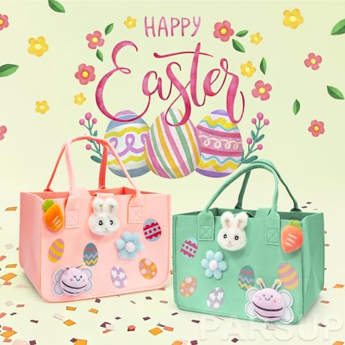 PARSUP 2PCS Happy Easter Egg Hunt Bunny Gift Treat Bags with Handles, Felt Easter Bags for Gifts Wrapping, Egg Hunt Game, Party Supplies, 12" x7.8" x6.8"(Pink + Green)