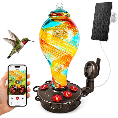 LUJII Smart Hummingbird Feeder with Camera for Outdoor Hanging, Hand Blown Glass, Solar WiFi Feeder with Live View App, 6 Feeding Ports, Leak-Resistant Design, Ant Moat & Gift Box, 36 fl oz, Ribbon - color: Ribbon, size: X-Large