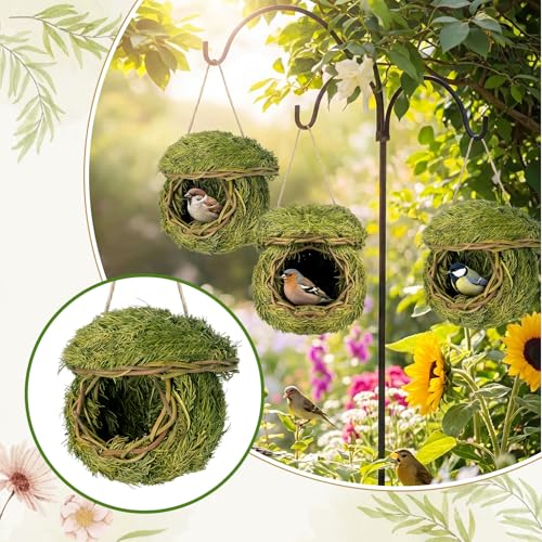 Hotop 4 Pcs 5 x 5.5 Green Grass Birdhouse for Outside Hand Woven Hummingbird Nest House Roosting Pocket Small Natural Fiber Bird Houses for Finch Canary Chickadee Outdoors Hanging Garden Decoration