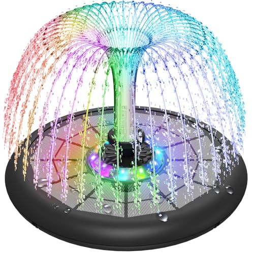 Solar Fountain UFO Style, 2026 Upgrade 5W Glass Solar Panel Bird Bath Fountain with LED Lights, 4000mAh Backup Battery, 7 Nozzles for for Garden, Pond, Pool, Patio Outdoor Water Feature - color: Black