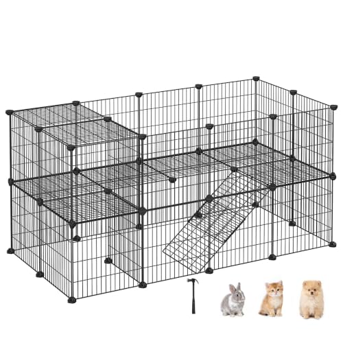 SONGMICS Pet Playpen, Small Animal Playpen, Rabbit Guinea Pig Cage, Zip Ties Included, Metal Wire Apartment-Style Two-Story Pet Premium Villa for Bunnies Puppies, Indoor Use, Black ULPI02H - color: Black, size: 56.3"L x 28.7"W x 28"H