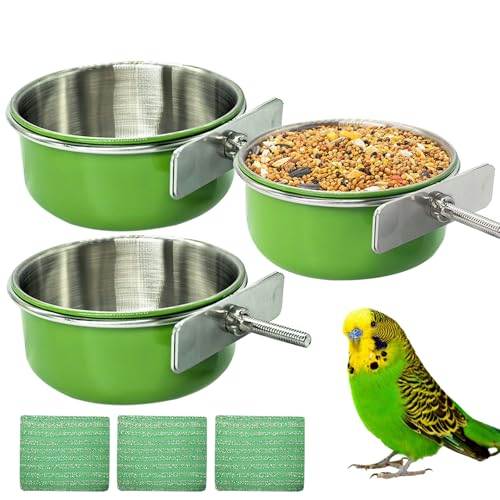 3 Pcs Parrot Feeding Dish Cups,Stainless Steel Bird Food Water Feeder Bowls | Parrot Cage Feeder with Clamp Holder Small Bird Feeding Cup for Parakeet Cockatiels Conure Budgies Chinchilla Small Animal - size: 3pcs Green