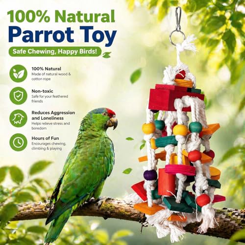 Rypet Large Parrot Cage Toy, Wood Rope Bite Toy for Cockatiels Conures | Natural Wood Blocks, Durable Rope, Cotton Knots for Chewing, Hanging Play for Large Birds - color: Colorful1