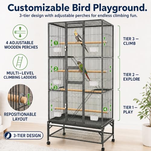 Large Bird Cage & Parakeet Cage, 69" Parrot Flight Cage with Rolling Stand | 0.4" bar spacing, 3-tier aviary, 12 doors, removable mesh shelf, 6 feeders, ideal cockatiel cage & budgie cage