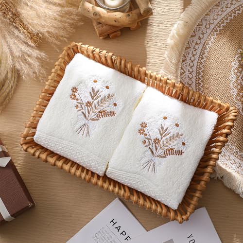 SmoothNovelty 2 Pcs Boho Flower Hand Towels for Bathroom Decor 14x29 Inch | Embroidered Wildflowers Bathroom Hand Towels, 100% Cotton, Soft Absorbent, Beige Boho Bathroom Kitchen Decor - style: Bohemian