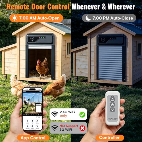 Automatic Chicken Coop Door with Timer and Remote Control, WiFi 1080P Camera Smart Roll-Up Auto Poultry Door, 7W Solar Powered, App Control, Anti-Pinch Safety, Predator Alarm