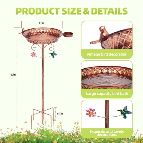 Metal Bird Bath for Outside, 40 Inch Tall Standing Bird Baths Bowl with Detachable Birds Feeder, Heavy Duty Birdbaths for Outdoors, Garden Yard Decor, Copper - size: 40''