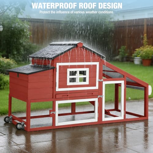 Large Chicken Coop with Run, Mobile Chicken Tractor with Wheels, Wooden Hen House with Waterproof Roof, Nesting Box and Pull-Out Tray, Poultry Cage for 4 Chickens, Rabbit/Bunny Hutch (Red) - color: Red