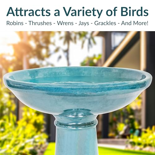 Sunnydaze Calais Glazed Ceramic Bird Bath for Outside, 25” H, Jade Green | 2.5 Gal Water Cap, 4” Deep Bird Bath Bowl, Heavy-Duty Garden Bird Bath, Easy 2-Piece Assembly, Tall Bird Bath for Outdoors