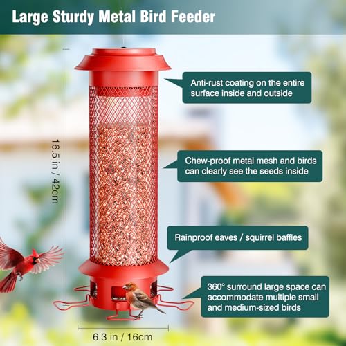 Heavy-Duty Squirrel Proof Bird Feeder, Removable Tray for Easy Cleaning, Weight-Activated Cage, 5 Perches, 4 Lb Capacity, Tube Metal Bird Feeder for Outdoors Cardinals, Finches - color: Red