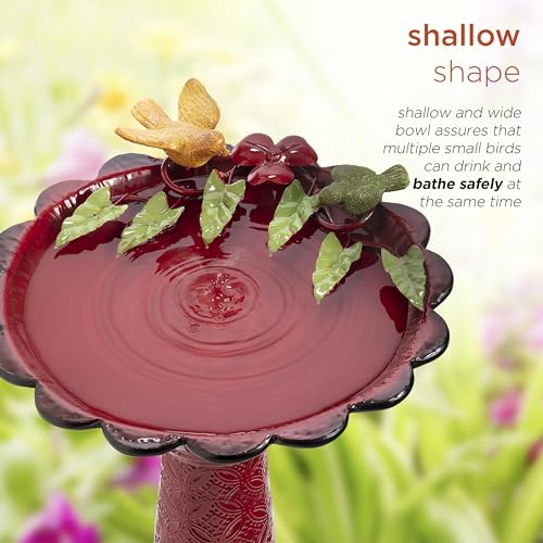 Alpine Corporation - 28" Tall Outdoor Metal Birdbath with Birds and Leaves Yard Statue Decoration, Red – Stunning Garden Accent to Attract Birds - Durable Construction for Patio, Deck, or Yard - color: Red
