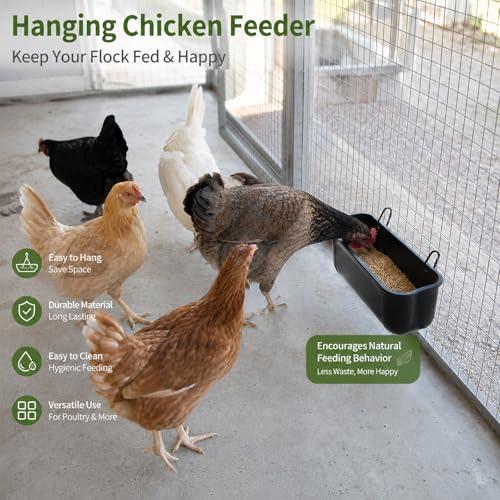 Chicken Feeder and Waterer 2 Pack, Hanging Fence Feed Trough with Clips, Chicken Coop Accessories Turkey Duck Poultry Feeder Livestock Feeding Container Trough, Black