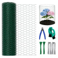 16in x 33ft PVC Coated Chicken Wire Mesh Fence | Garden Fencing Netting & Plant Protectors from Animals Kit with 100 Zip Ties, 30 U-Stakes, Gloves & Pliers for Vegetables - size: 33Ft x 16In