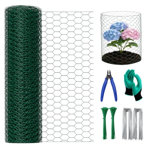 16in x 33ft PVC Coated Chicken Wire Mesh Fence | Garden Fencing Netting & Plant Protectors from Animals Kit with 100 Zip Ties, 30 U-Stakes, Gloves & Pliers for Vegetables - size: 33Ft x 16In