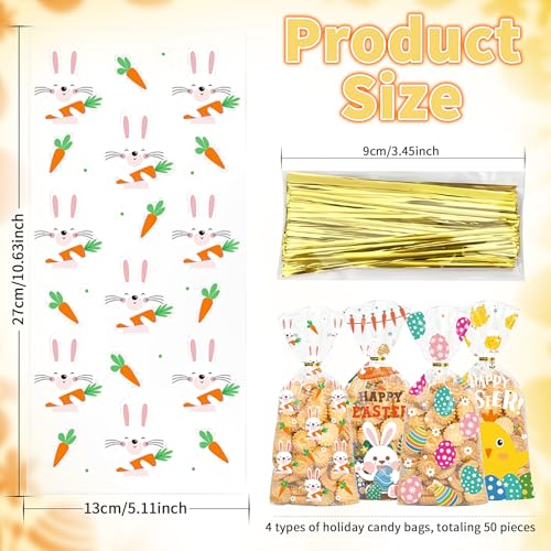 Doneace Easter Treat Bags Clear Easter Cellophane Bags for with Twist Ties for Candy Goodie Cookies Sweet and Gifts Packaging 4 Style Platstic Party Favors Bags 50PCS