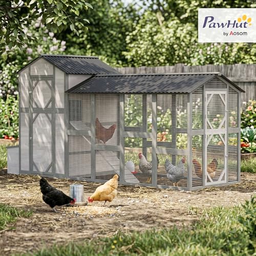 PawHut 147" Extra Large Chicken Coop Wooden Hen House for 8-10 Hens Gray | Outdoor Poultry Hutch with Run, Removable Tray, Nesting Box, Ramp for Duck Rabbit, Ventilated Windows