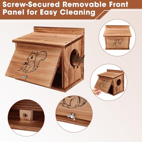 Squirrel House for Outside with Raccoon-Proof Baffle, Carbonized Pine Nesting Box, Outdoor Squirrel Box for Backyard Wildlife