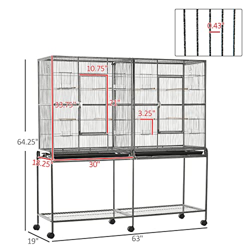 PawHut 65" Double Rolling Metal Bird Cage with Divider, Large Parrot Cage for Parakeet, Canaries, Lovebirds, Budgie, Finch, with Detachable Rolling Stand, Storage Shelf, Wood Perch & Food Container | for Parakeet, Canaries, Lovebirds, Budgie, Finch, Detac
