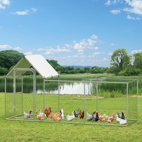 GarveeLife Metal Chicken Coop, Large Chicken Run with Waterproof and Anti-UV Cover, Walk-in Chicken Coop for 6/10 Chickens (9.8 ft L x 3.3 ft W x 5 ft H)