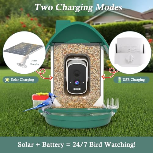 Bird Feeder with Camera, 3K Smart Bird Camera with AI Identification & Bird Bath, Solar Powered Wireless Outdoor Bird House with Spill-Proof Net, Ideal Backyard Bird Watching Gift to Bird Lovers - color: Dark Green