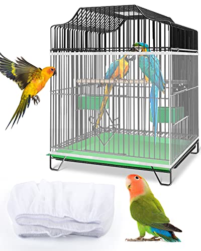 Bissap Bird Cage Seed Catcher, Universal Birdcage Net Nylon Adjustable Elastic Band Stretchy Skirts Mesh Cover for Parrot Cage Seed Guard (Not Include Birdcage)- White - color: White