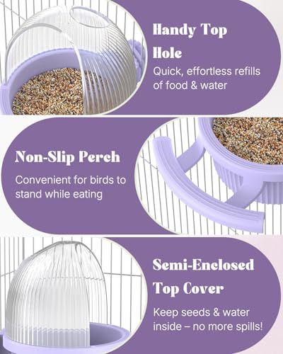 Pawfly No Mess Bird Feeder with Water Dispenser, Food and Water Bowl for Parakeet, Parrot, Cockatiel, Budgie and Lovebird, 4" D x 5.5" H Bird Cage Feeder - color: Purple