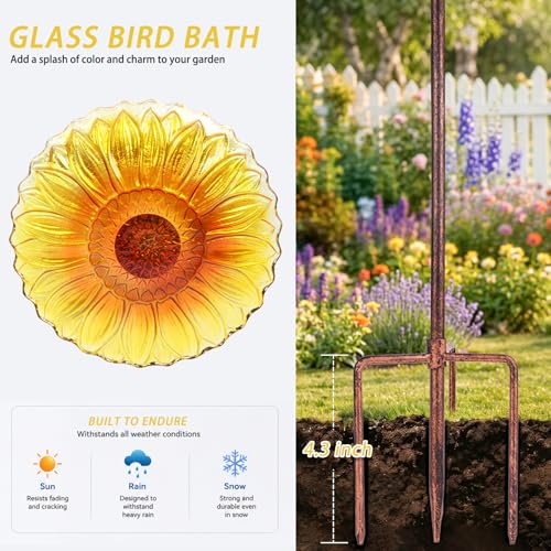 Glass Bird Bath, Garden Outdoor Birdfeeder with Metal Stake, Yellow | Birdbaths with metal stand to attract cardinals and blue jays wild birds and beautify outdoor sunflower gardens decor - color: Yellow