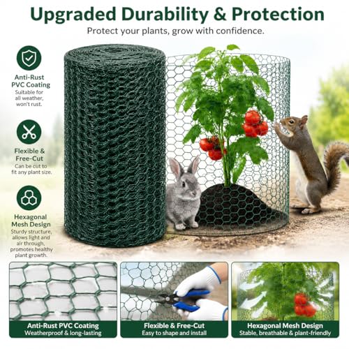 Plant Protectors from Animals, 0.85mm Free-Cut Green Chicken Wire Mesh, PVC Coated Tree Trunk Guard & Garden Fence for Outdoor Plants with Zip Ties, Stakes, Pliers, Gloves (49.2Ft*16In(16x 590 Inch)) - size: 49.2Ft*16In(16x 590 Inch)