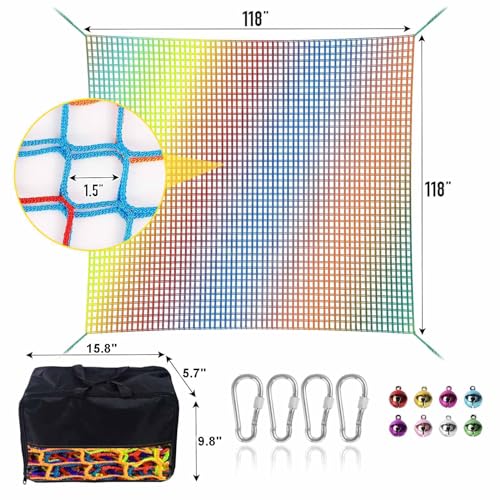 Climbing Net for Kids - 9.9FT x 9.9FT Double Layers Heavy Duty Playground Safety Net, Climbing Cargo Net for Tree House Tree Fort, Back Yard, Jungle Gyms, Monkey Bar Security Mesh（Rainbow） - color: Rainbow, size: 9.9' x 9.9'