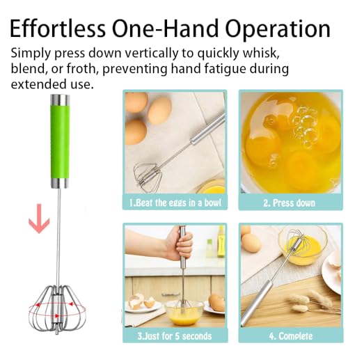 Stainless Steel Semi-Automatic Egg Whisk Set, 2PCS Hand Push Rotary Manual Mixer for Cooking, Whisking, Beating and Stirring (10&12 Inch) - color: Green (10&12in)