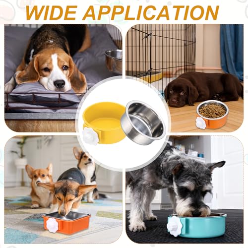 Crate Dog Bowl, Removable Stainless Steel Pet Cage Hanging Anti-Overturn Food Water Feeder Cage Cup (Round, Yellow, 13.2oz), Intended for Puppies/Cat/Rabbit/Bird - color: Yellow, size: 5.1"(13.2oz)