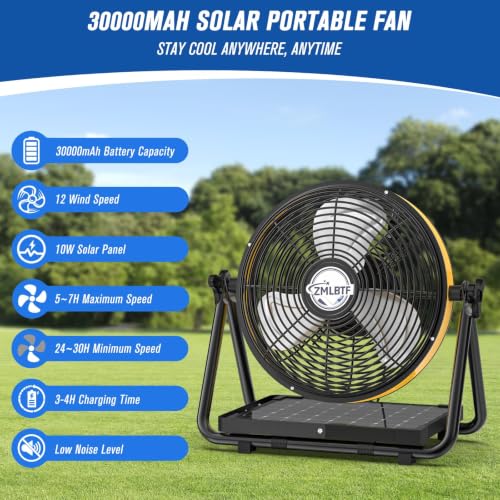 10 Inch Solar Powered Outdoor Fan with 10W Detachable Solar Panel | Built-in Rechargeable Battery, Dual Wind Speed & 360° Adjustable Tilt for Camping, Travel Tent, Greenhouse - color: 10" Yellow Black