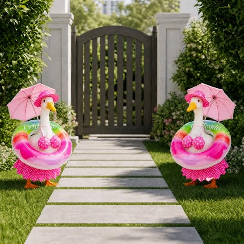 Bikini Porch Goose Outfits - 23" Lawn Goose Statue Pink Summer Costume with Hat, Swim Ring & Parasol - Hawaiian Pink Polka Dot Geese Clothes for Outdoor Patio Yard Decoration - style: Pink dots