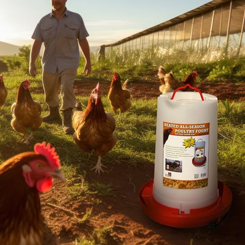 Farm Innovators Thermostatically Controlled Heated 3 Gallon Plastic Outdoor Year Round Hanging Water Fountain for Poultry Watering, Red | Thermostatically controlled, foldable legs adjust to three different heights, keeps water from freezing down to 0° F