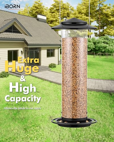 iBorn Metal Bird Feeder for Outside Hanging,Wild Bird Feeders for Cardinal,18cm Large Roof&Green,42CM Long,4.5lb High-Capacity(Seed is not Included) - color: Black, size: 4.5LB，7′′Large Roof
