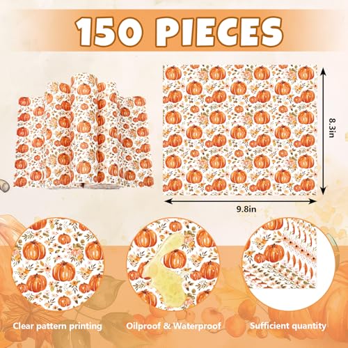 JarThenaAMCS 150 Pcs Fall Floral Pumpkin Wax Paper Orange Sandwich Wrap Paper Tissue Waterproof Oil-Proof Picnic Liners for Autumn Thanksgiving Party Kitchen Supplies, 9.8 x 8.3 In - color: Fall Pumpkin