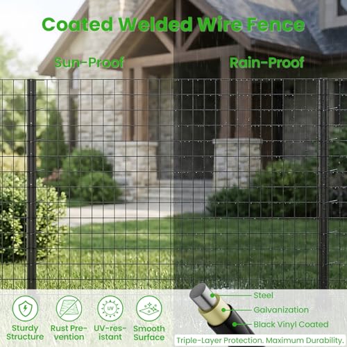 Welded Wire Garden Fence, 45.3Inch x 50FT Steel Poultry Fencing | Rust-Resistant Galvanized Animal Barrier Fence with Upgraded Metal Posts for Vegetable Garden, Flower Bed, Lawn, Backyards - color: Black, size: 45.3Inch x 50FT