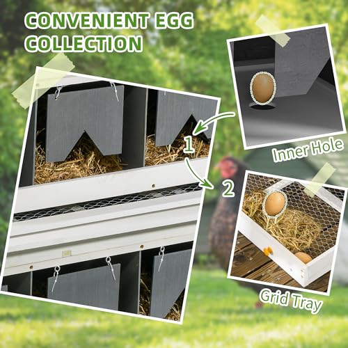 PawHut Chicken Nesting Box Wooden for 16-32 Chickens, 8 Compartments, Gray | Roll Out Lay Nesting Boxes, 2 Egg Collection Trays, 4 Perches, for Chicken Coop, Chicken Run