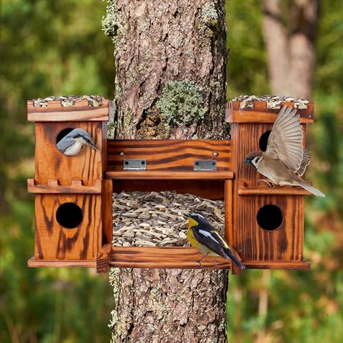 MIXUMON Castle-Style 4 Room Wooden Birdhouse with Large Center Feeder, Outdoor Multi-Room Bird House for Garden & Backyard, 1.57" Entrance Hole, Easy-Clean Access Doors, Twin Tower Decorative Design