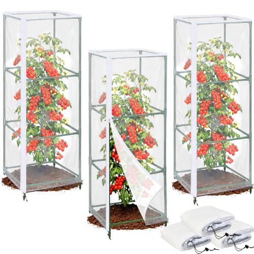 3PCS Garden Bird Netting for Square Tomato Cage with Zipper & Drawstring | 59 x 17.7 Inch Reusable Fine Mesh Plant Covers for Tomatoes, Fruits and Climbing Vines - size: 17.7x17.7x59in