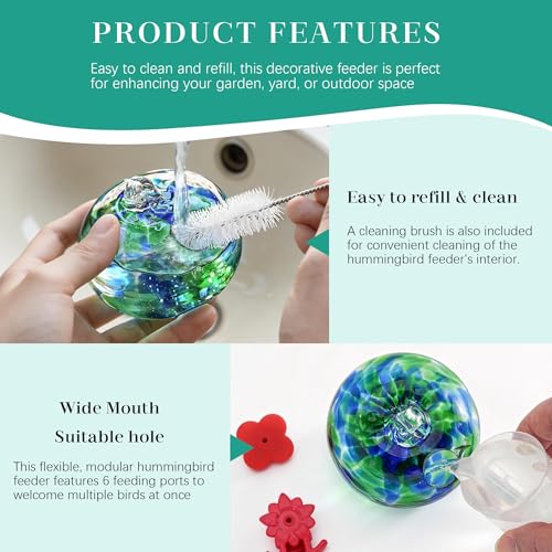 QFkris Set of 6 Blown Glass Hummingbird Feeder for Outdoors Hanging, Small Hummingbird Feeder with Flower Feeding Ports for Outside Garden Backyard Decor, Gardening Gifts for Women Mom(Green) | Blown Glass Hummingbird Feeder for Outside Garden Backyard De