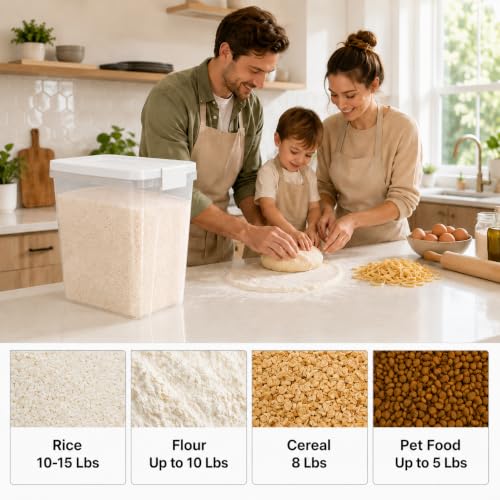 5-10 Lbs Airtight Cat Dog Food Storage Container, 8QT Compact Pet Food Bin | Plastic Food Container with Buckle-Lock Lid & Scoop for Dog, Cat, Bird Seed, Pet Food, Chicken, Dry Food, Rice, Cereal, Flour - color: Bright White