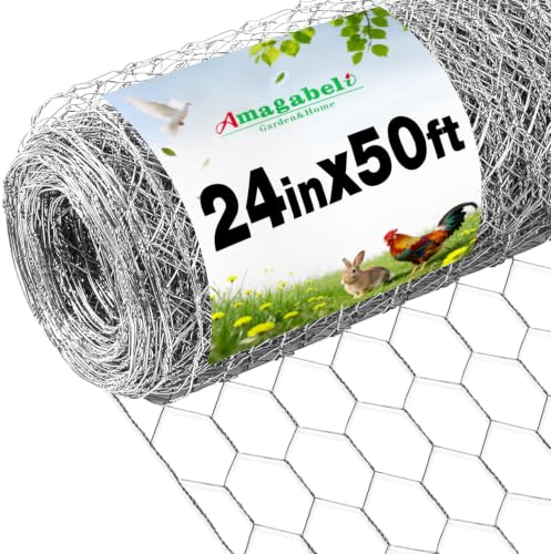 Amagabeli Chicken Wire 24 in x 50ft Poultry Wire Netting Hexagonal Galvanized Mesh Garden Fence Barrier for Craft Projects, Pet Rabbit Chicken Fencing - size: 1" 24"x50'