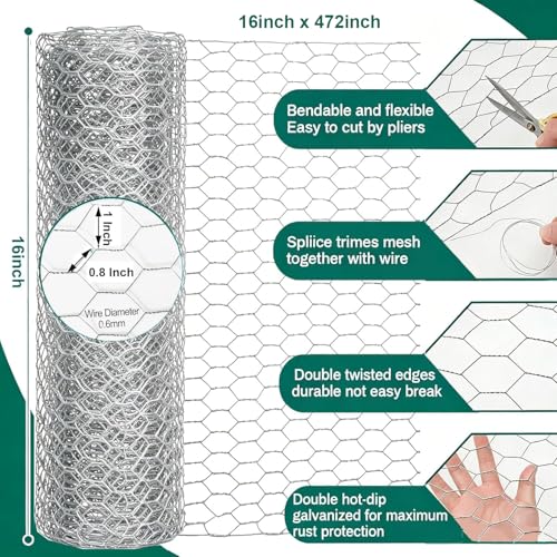 Chicken Wire Fencing, 16 in x 472 in (40cm x 12m) Chicken Wire Mesh Roll, 1 in Mesh Poultry Wire Netting, Anti-Rust Hexagonal Galvanized for Chicken Coop Crafts Garden Fence with 50 Zip Ties - size: 16 x 472 Inches-1 Inch Mesh
