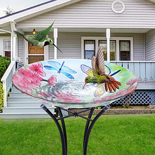 Glass Bird Bath with Metal Stand, Outdoor Garden Feeder, Dragonfly | Glass Large Bird Baths Bowl with Metal Stand for Outdoors, Dragonfly Patterns Bird Feeder for Outside Garden, Patio Decor - color: drgonfly