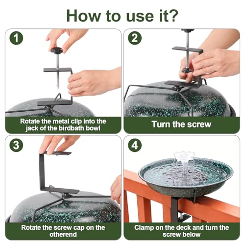 Yiabivo Deck Mounted Bird Bath with Fountain,Solar Railing Bird Bath Fountains for Hummingbirds,Adjustable Metal Durable Deck Bird Bath Holder for Outdoor Railings, Patio Deck,Garden