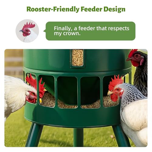 KOL 50LB Metal Chicken Feeder - No Waste, No Clog Design with 16 Ports & Smooth Gravity-Flow, Powder Coated Rust-Proof for Coop Use (Green) - color: Green